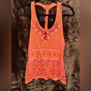 Marciano Beaded Tank Top with Braided Strap | Orange and Pink | Size: M